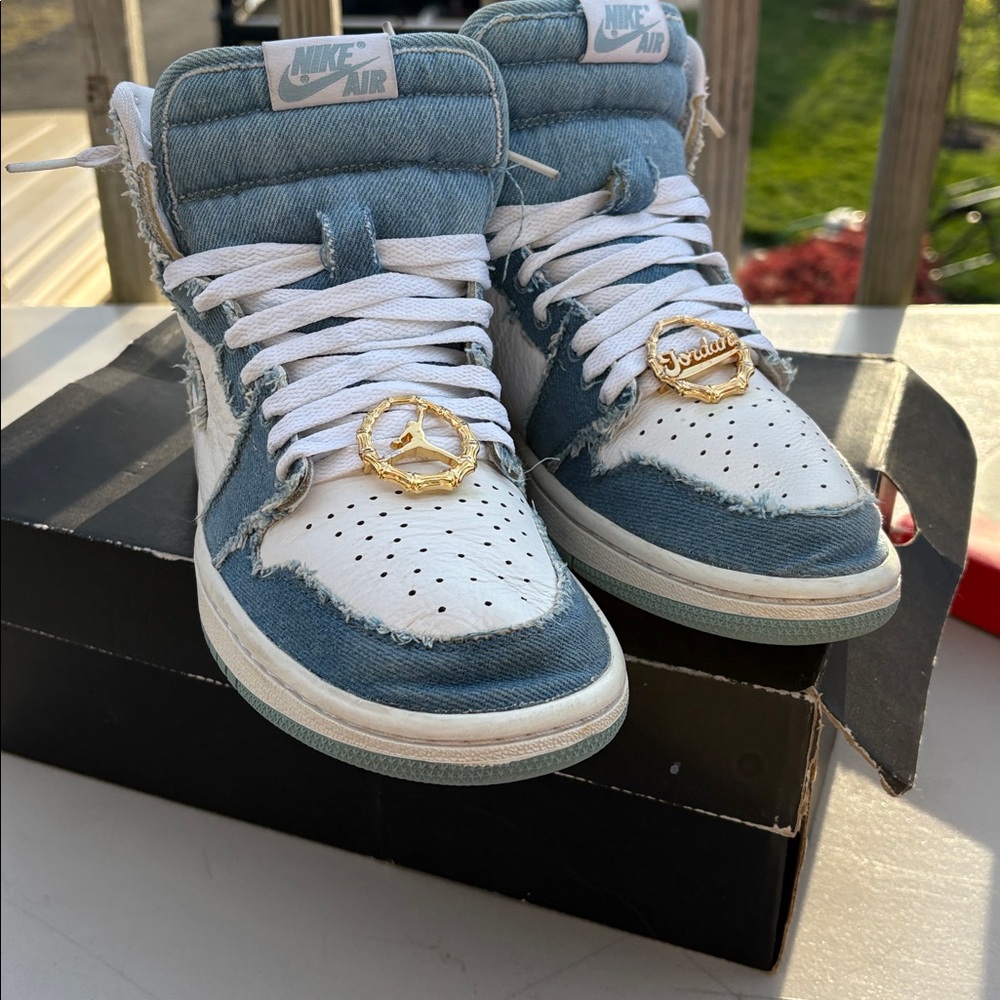 Nike High-Top Sneakers in White & Light Blue Denim - Picture 2 of 5